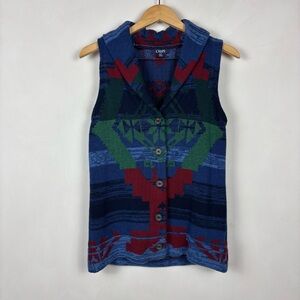 Chaps Women's Knit Sweater Vest M Blue Southwest Aztec Cotton Blend Western